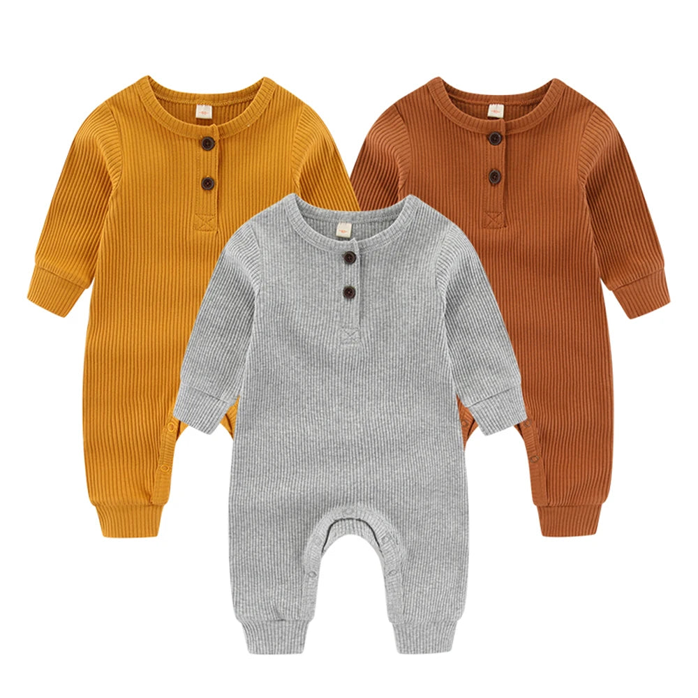 Unisex Infant Jumpsuit Set 3-Piece Solid Color Long Sleeve Rompers 0-24 Months For Babies