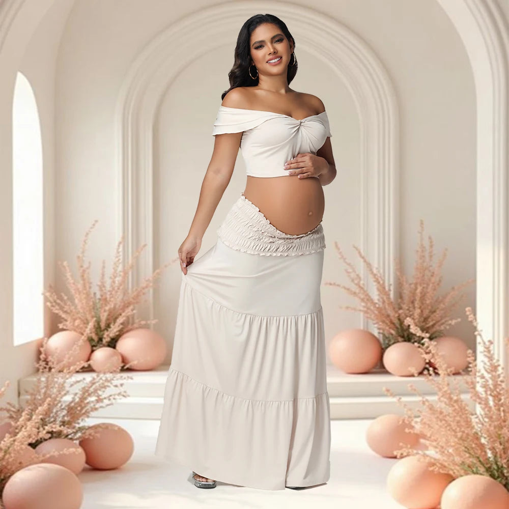 2 Piece Set Maternity Off Shoulder Twist Crop Top Ruffle Maxi Skirt Stretchy for Baby Shower Photoshoot Summer Beach Vacation