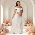 2 Piece Set Maternity Off Shoulder Twist Crop Top Ruffle Maxi Skirt Stretchy for Baby Shower Photoshoot Summer Beach Vacation