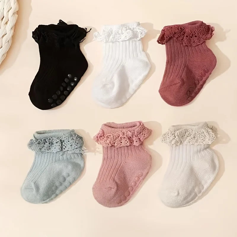 6 pairs of baby girls cute princess wind lace socks indoor non-slip floor socks