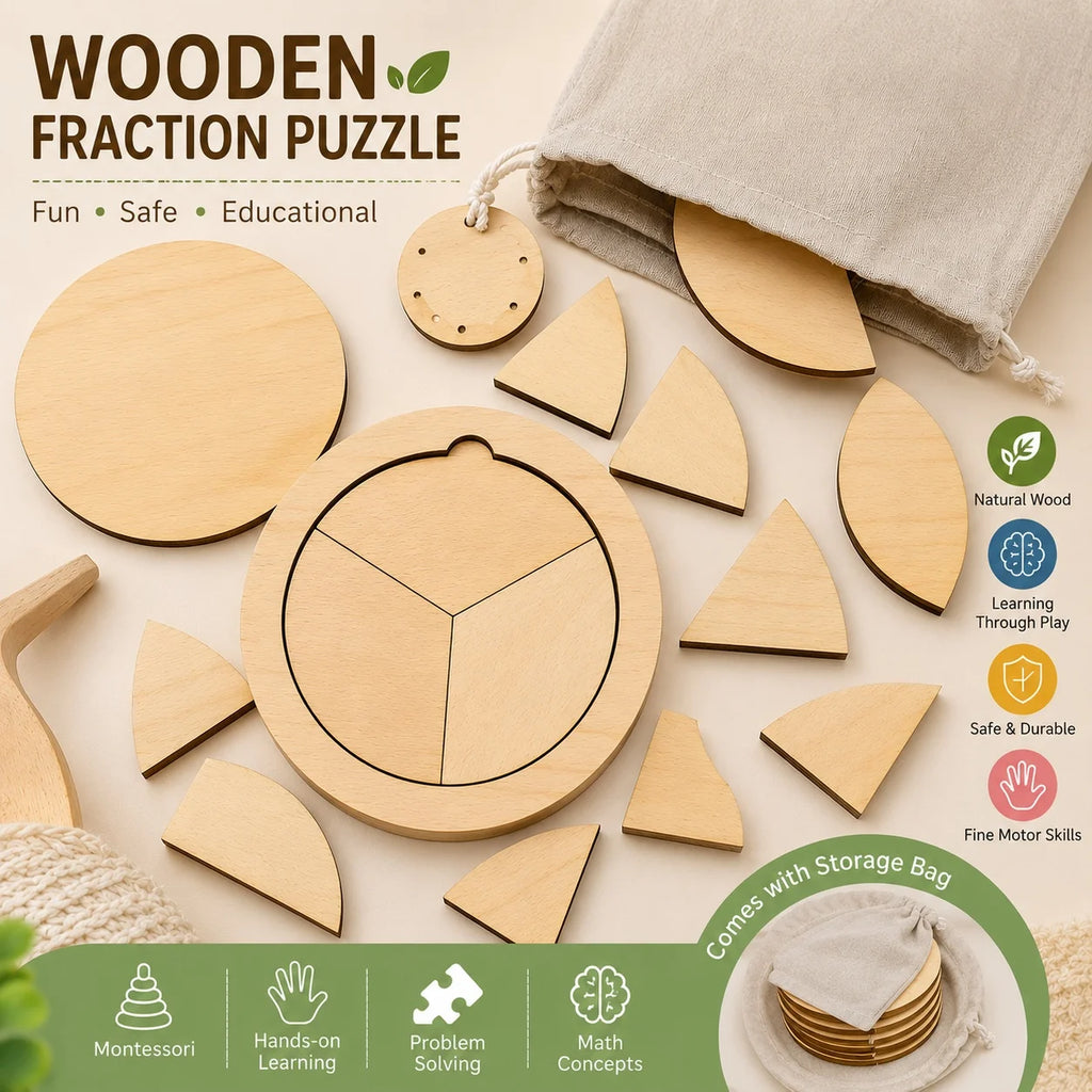 Montessori Wooden Fraction Puzzle Toys Kids Educational Math Learning Board Game Early Learning Fractions Toy Montessori Gift