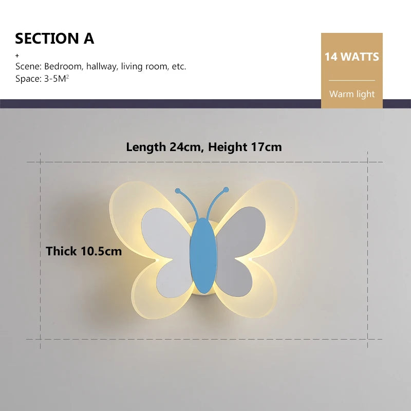 Butterfly LED Wall Light For Children's Bedroom Bedside Lamp Sconce Model BFL001