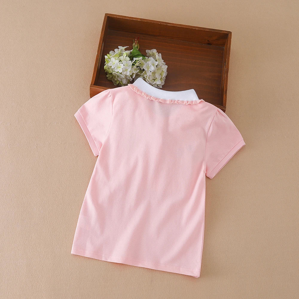 3-12 Age Girls Polo Summer Children Short Sleeve T-shirts 2024 New Kids Turn Down Collar Clothing Baby Cotton Tops