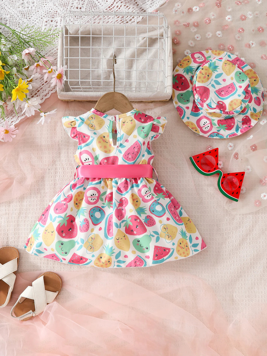 Baby girl Summer Dress Colorful Fruit Pattern Casual Dress+Hat 2Pcs/set suitable for Cute Female Babies aged 0-24 Months