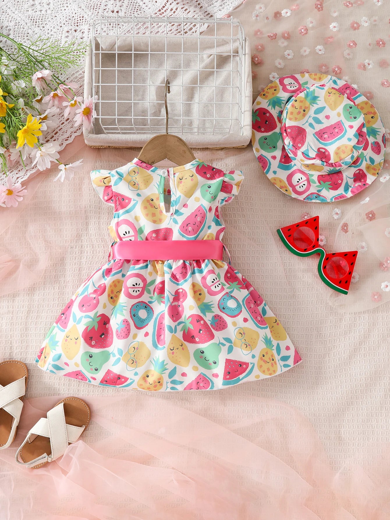 Baby girl Summer Dress Colorful Fruit Pattern Casual Dress+Hat 2Pcs/set suitable for Cute Female Babies aged 0-24 Months