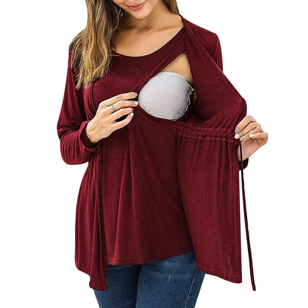 Women Maternity Clothes Long Sleeve Double Layer Nursing Tops T-shirt Breastfeeding Pregnancy Clothes Gestante Roupas