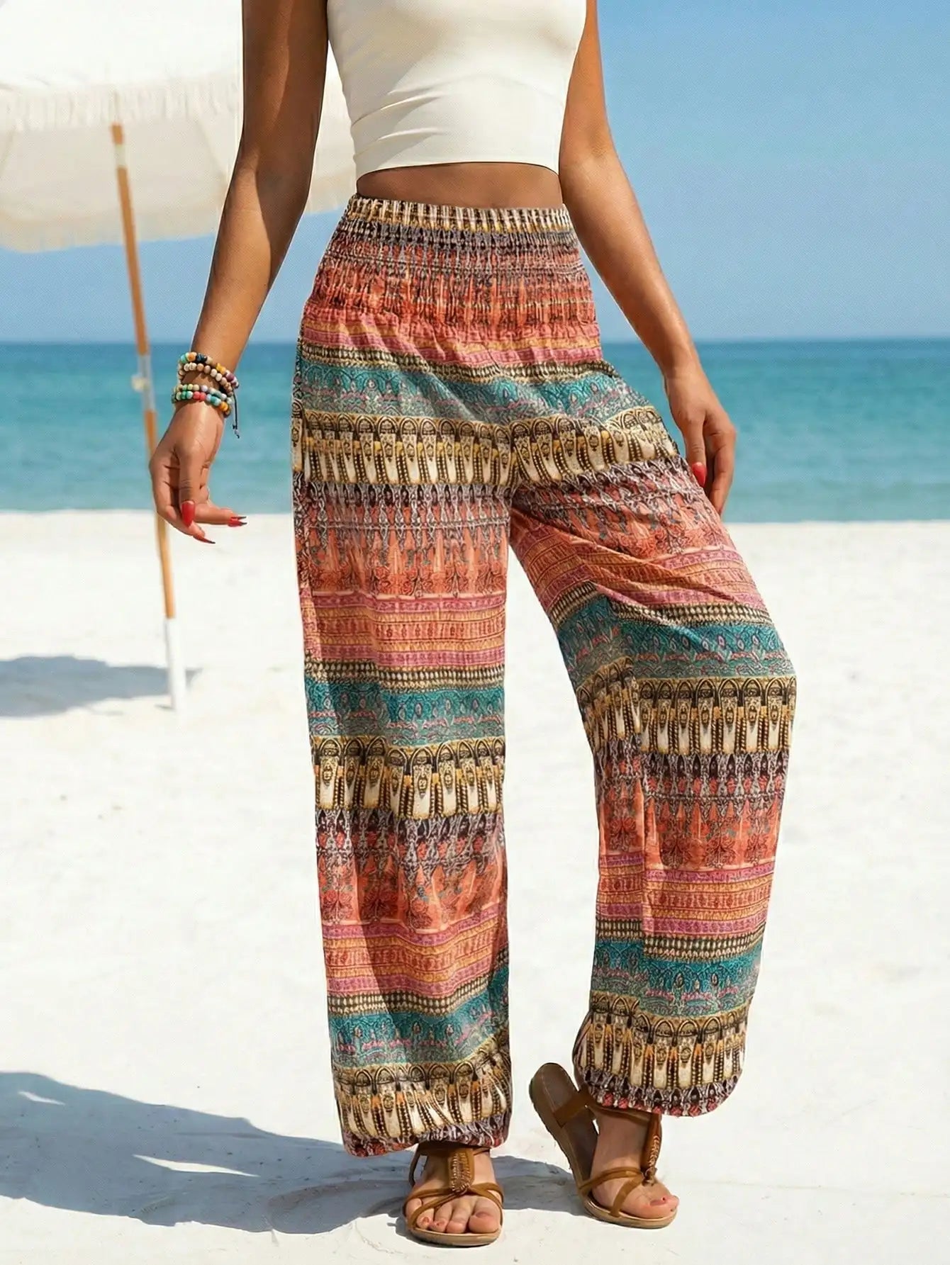 Women's Summer Bohemian Ethnic Print Elastic Waist Loose Fit Dress Capris for Beach