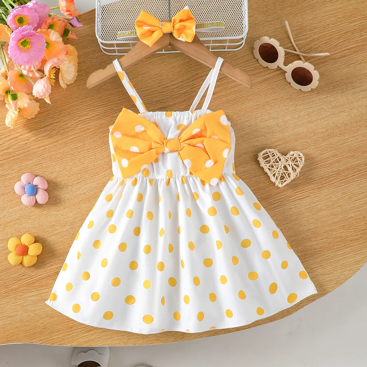 2Pcs/ Baby girl Dress Big Bow Polka Bot Suspender Summer Dress 0-3 Year old Baby Girl Vacation Casual Dress