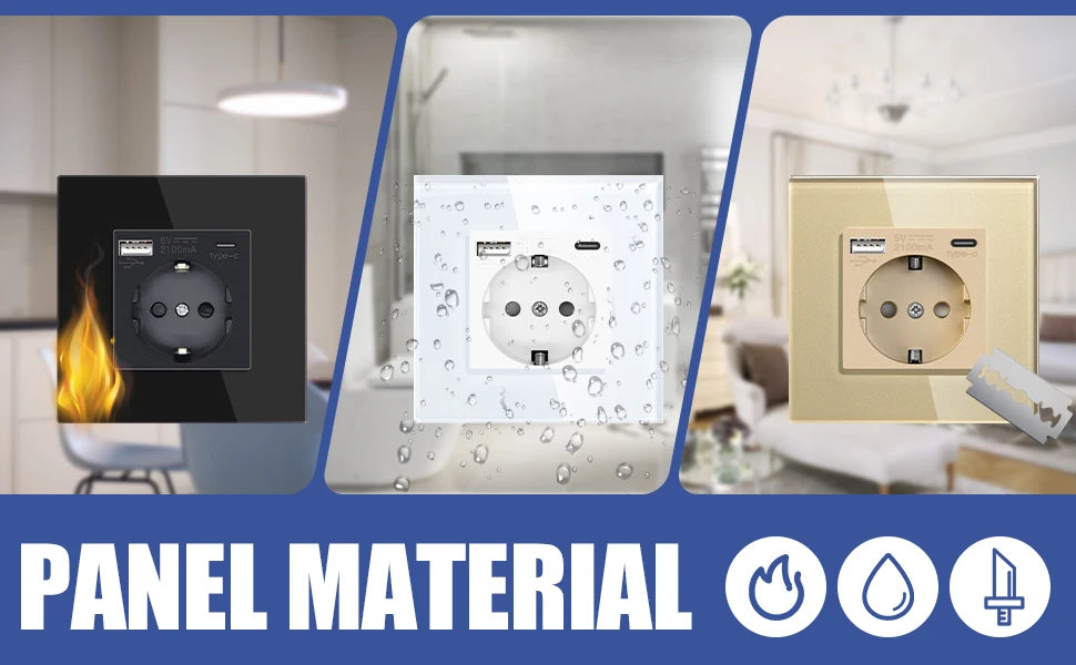 BSEED EU Standard Wall Electrical Sockets Type-C Outlets Wall Power Socket USB Charge Port Glass Panel Kids Protection 16A