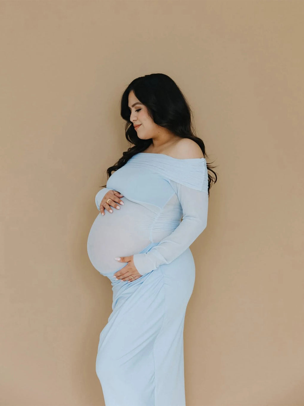 Maternity Long Sleeves off Shoulder Photoshoot Dress Mesh Exposed Belly Women Pregnancy Photography Gown for Baby Shower