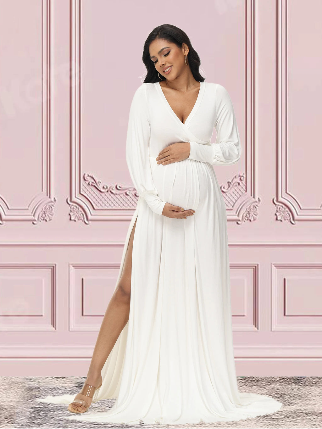 Maternity Photography Dresses Baby Shower Maxi Gown Lantern Sleeve V Neck Pregnancy Wrap Side Split Robe