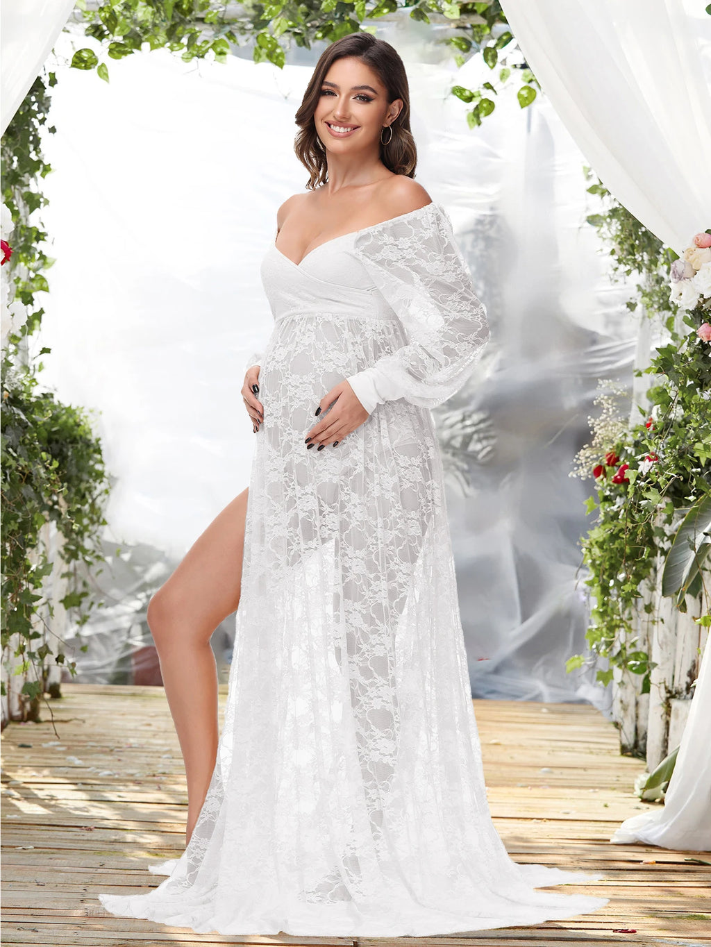 Maternity Dress Soft Stretchy Lace Off Shoulder Doubly Split A line Skirt Pregnancy Maxi Gown for Photoshoot