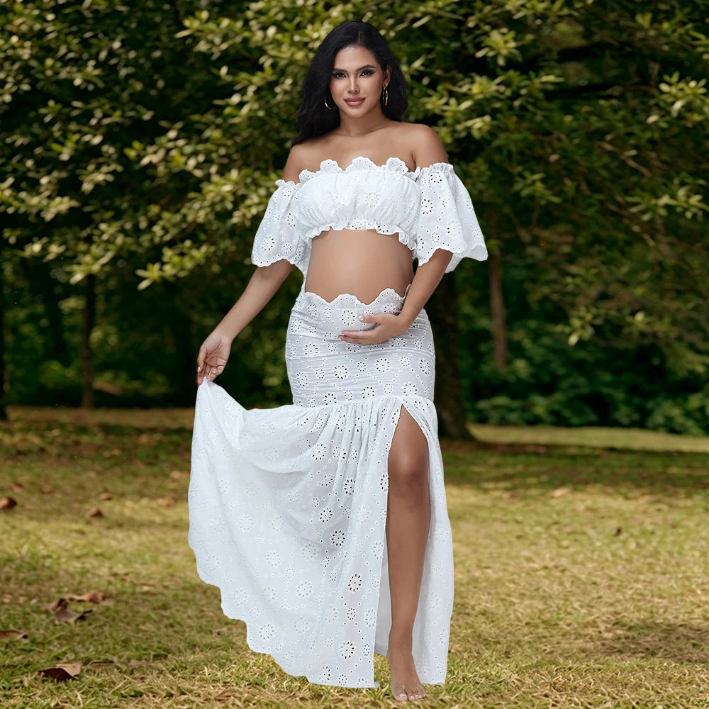 Maternity 2 Pieces Set Dress for Photoshoot Floral Embroidery Ruffle Short Top & Side Slit Long Skirt for Baby Shower