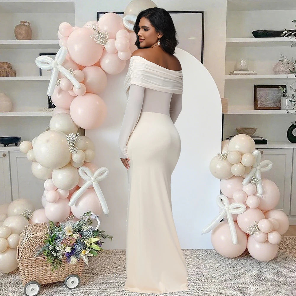 Maternity off Shoulder Long Sleeves Maxi Dress Mesh Paneled Rouched Baby Shower Outfit for Photoshoot
