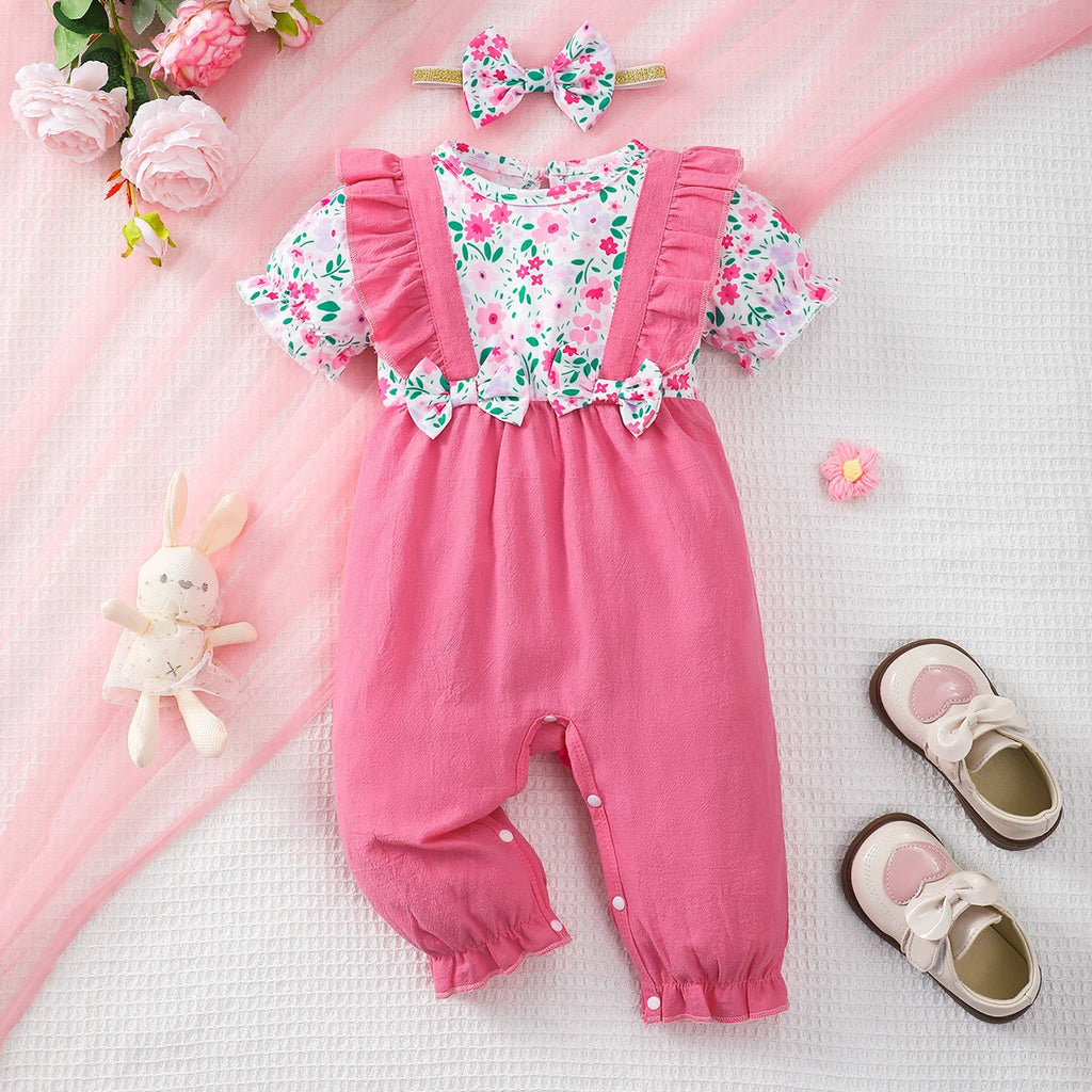 Newborn Baby girl Jumpsuit, Small Floral Volor Blocked Jumpsuit+Bow 0-18 Months, Comfortable Crawling Clothes for Female Babies