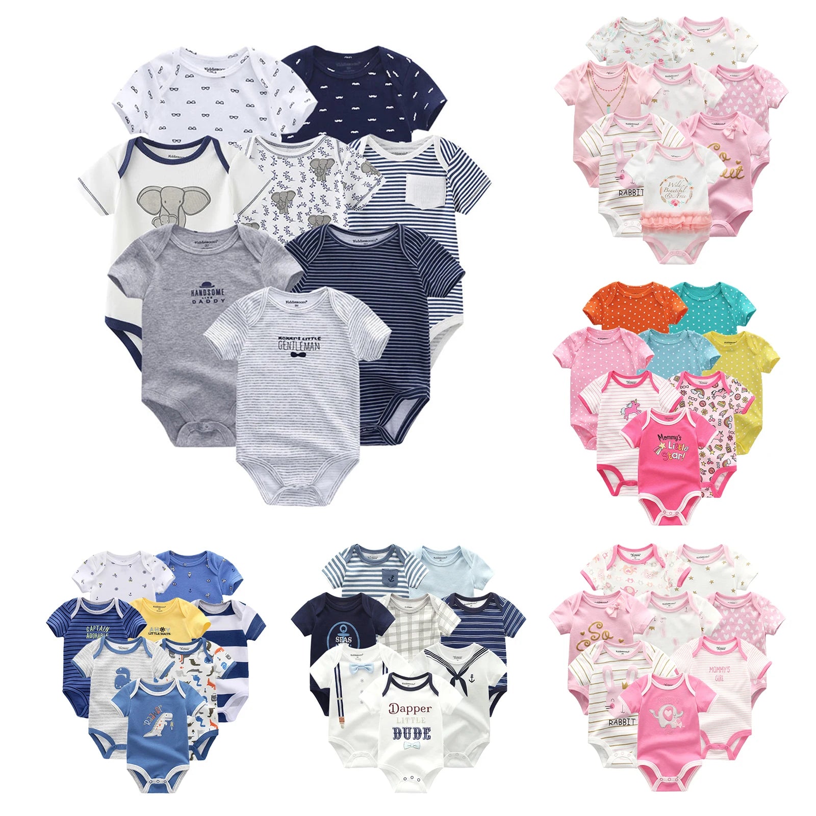 8-Pack Cartoon Cute Baby Boys Girls Short Sleeve Bodysuits Summer Newborn Unisex Onesies 0-12 Months Infant Outfits Party Clothe