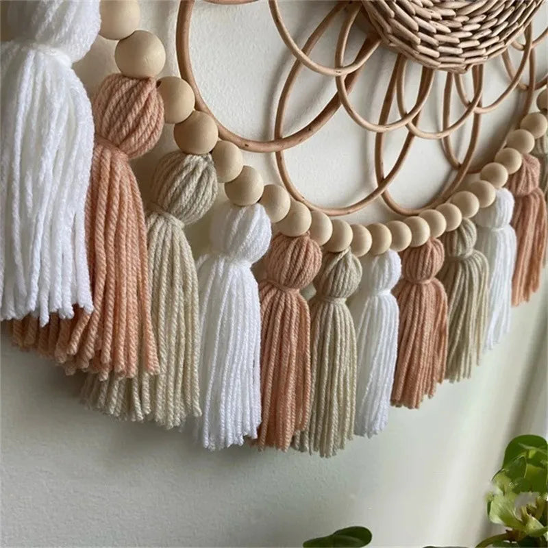 Boho Pink Tassel Garland with Wood Beads Cute Wall Hanging Banner for Nursery Kids Bedroom Birthday Office Party Wedding Decor
