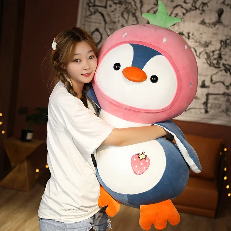 1PC Cartoon Penguin Plush Toys Kawaii Soft Doll Dress up Strawberry Orange Kids Plushie Girls Gift