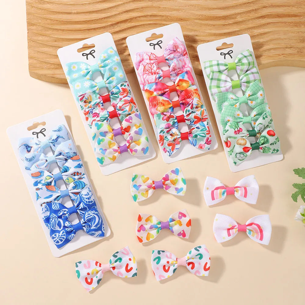 6Pcs Grosgrain Ribbon Printed Hair Bows with Clip for Girls Hair Clips Kids Hairpins Barrettes Fresh Printing Hair Accessories