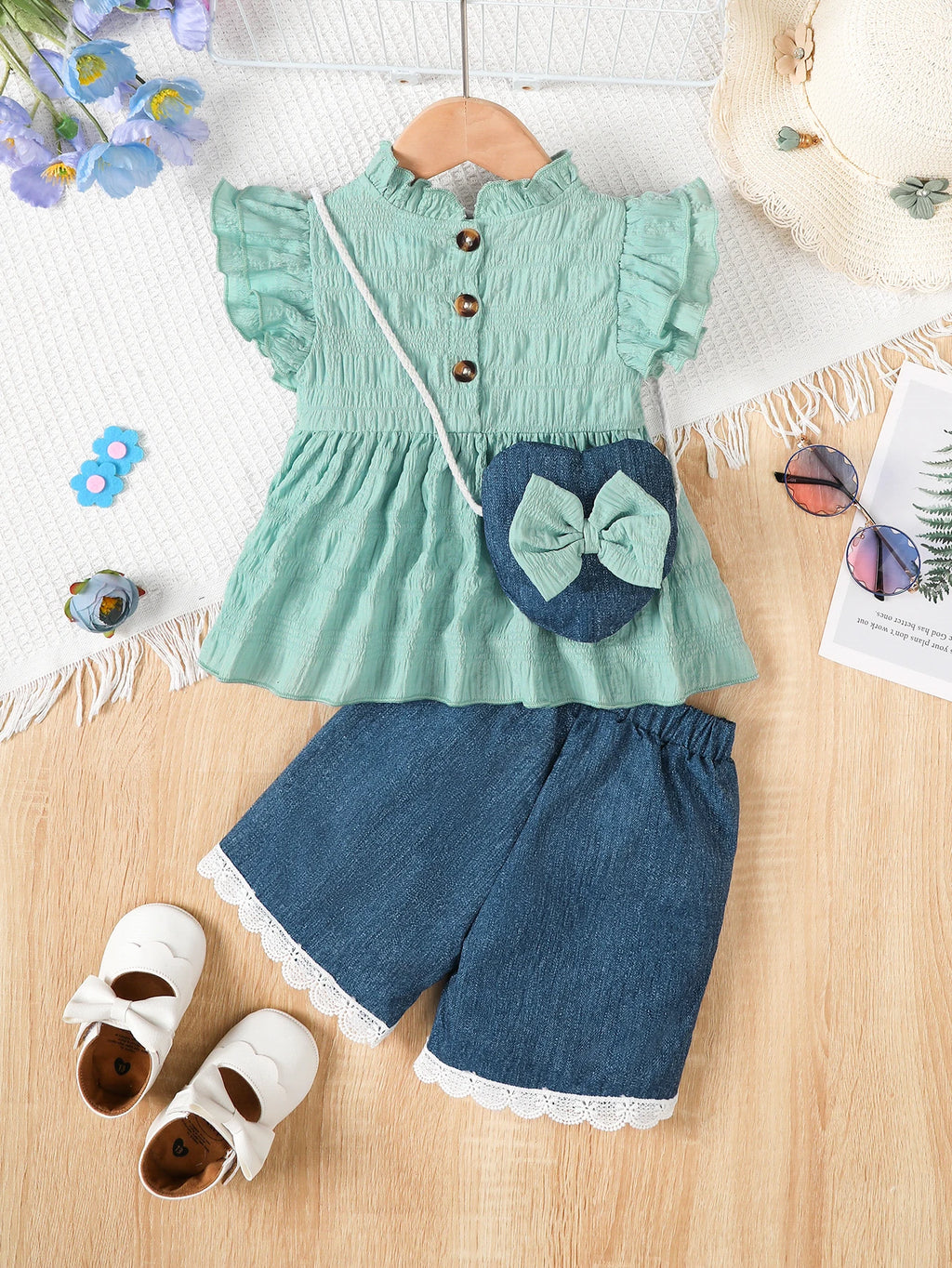 Summer Fashion Baby Girl Set Small Round Neck Ruffle Short Sleeve+Blue Shorts+Love Bag 3Pcs/Set Suitable for 0-3 Year Baby Girls