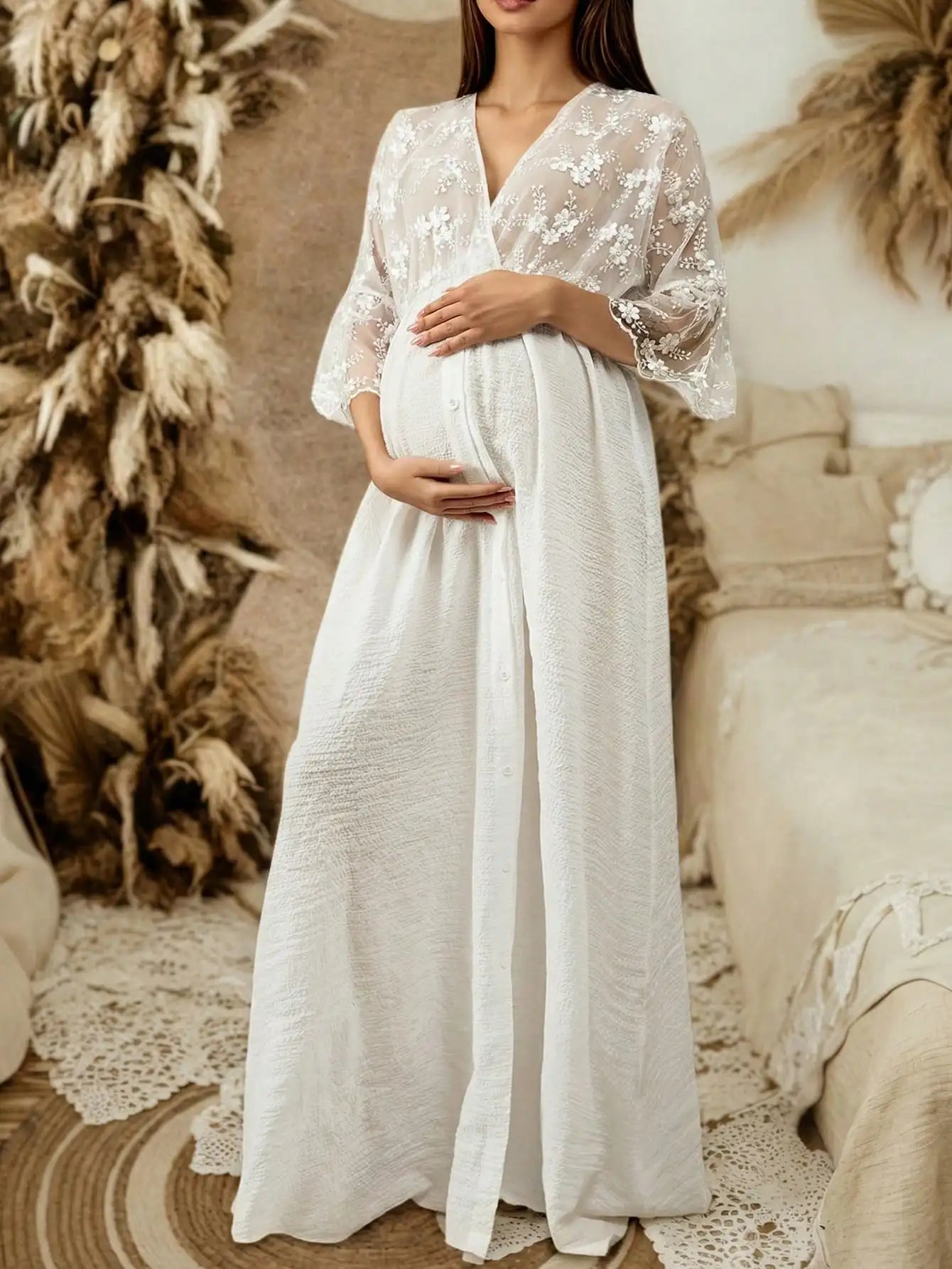 Pregnant Women's White Lace Maternity Maxi Dress V-Neck Flared Sleeves for Baby Shower, Pregnancy Photoshoot & Wedding Guest