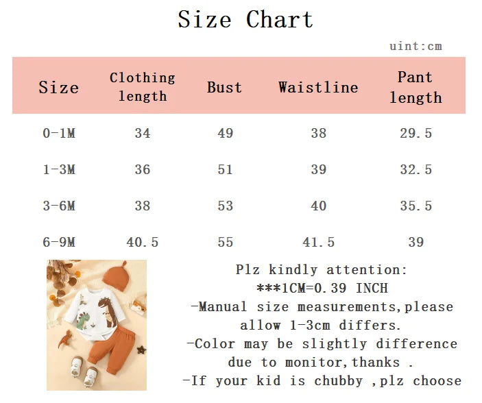 3Pcs Baby Boy Cartoon Dinosaur Print Jumpsuit+Pants+Hat Three Piece Set suitable 0-6 Months Newborn Spring and Autumn Set