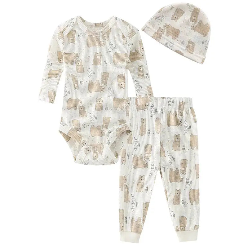Kiddiezoom Unisex Newborn Cotton Clothing Set Bodysuit Pants Hat For Spring Autumn Wear Three Piece Outfit