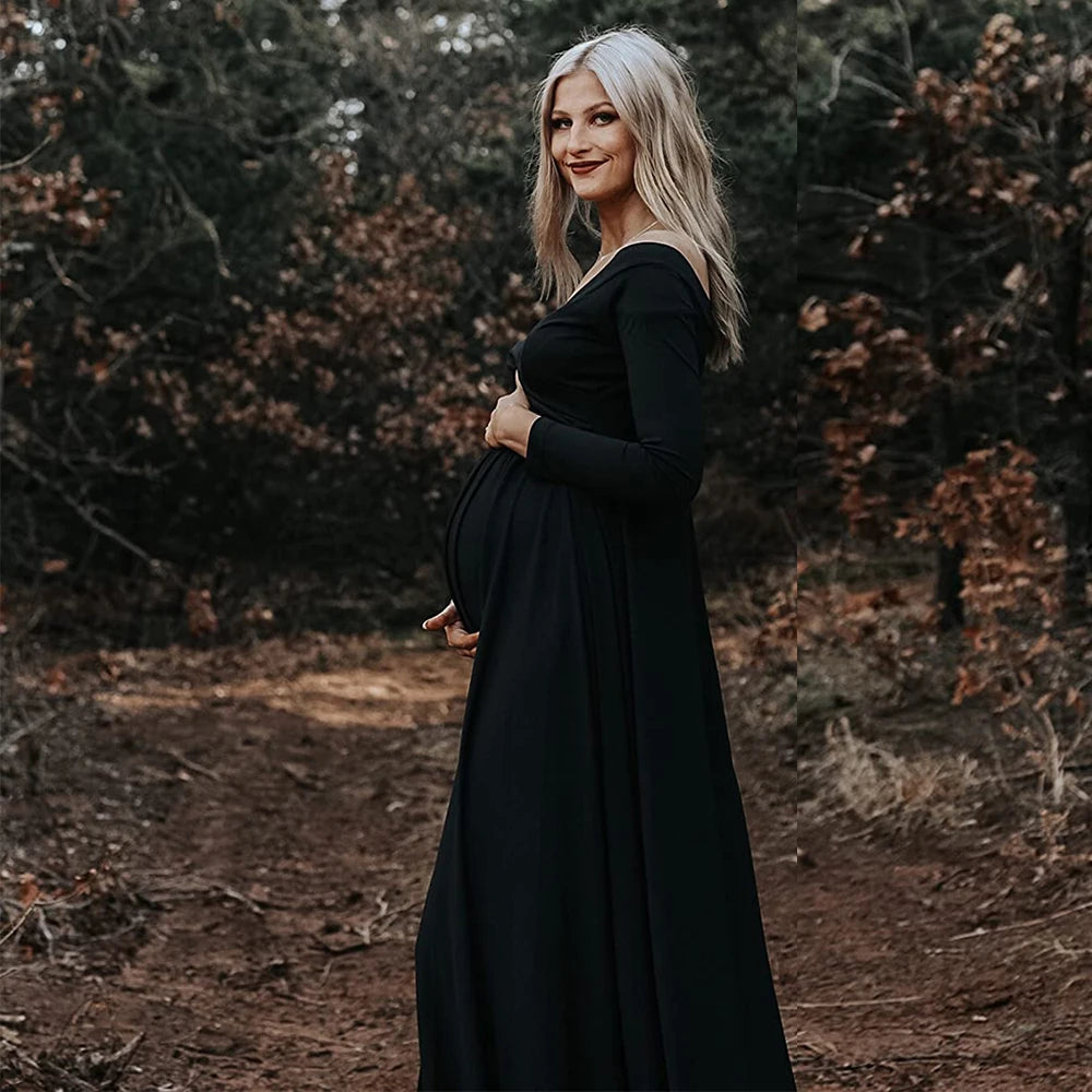 Maternity V-neck Gown Long Sleeve Trailing Maxi Dress Elegant Photo Shoot For Pregnant Women Photography