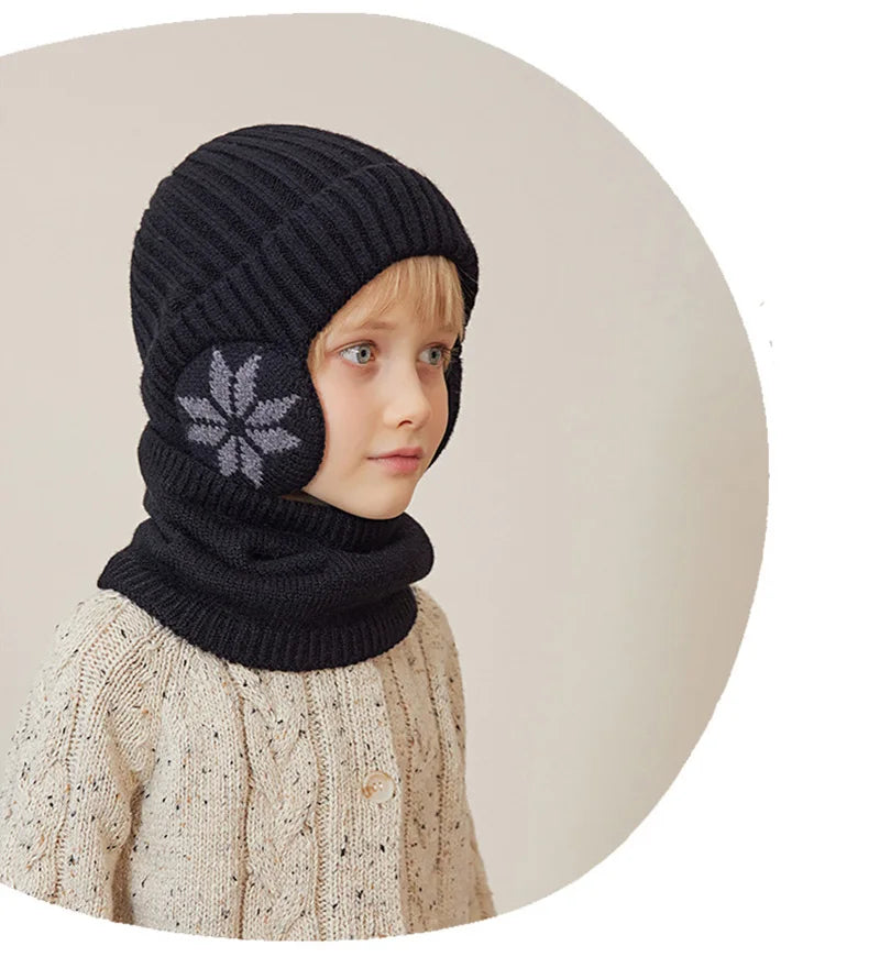 2Pcs Knitted Children Winter Hat Scarf Fleece Lining Ears Protection Kids Beanie Hats Neck Warmer Warm Child Boy Cap 4-10Y