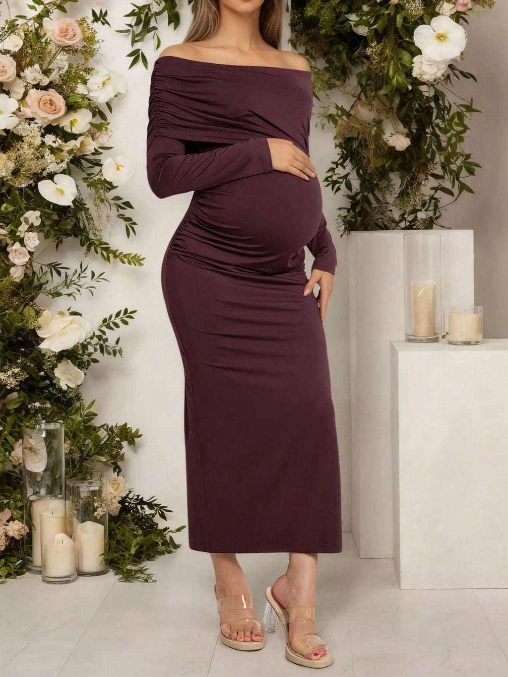 Pregnant Women Maternity Dresses Off Shoulder Long Sleeve Ruched Maxi Dress with Side Slit for Baby Shower, Photoshoot