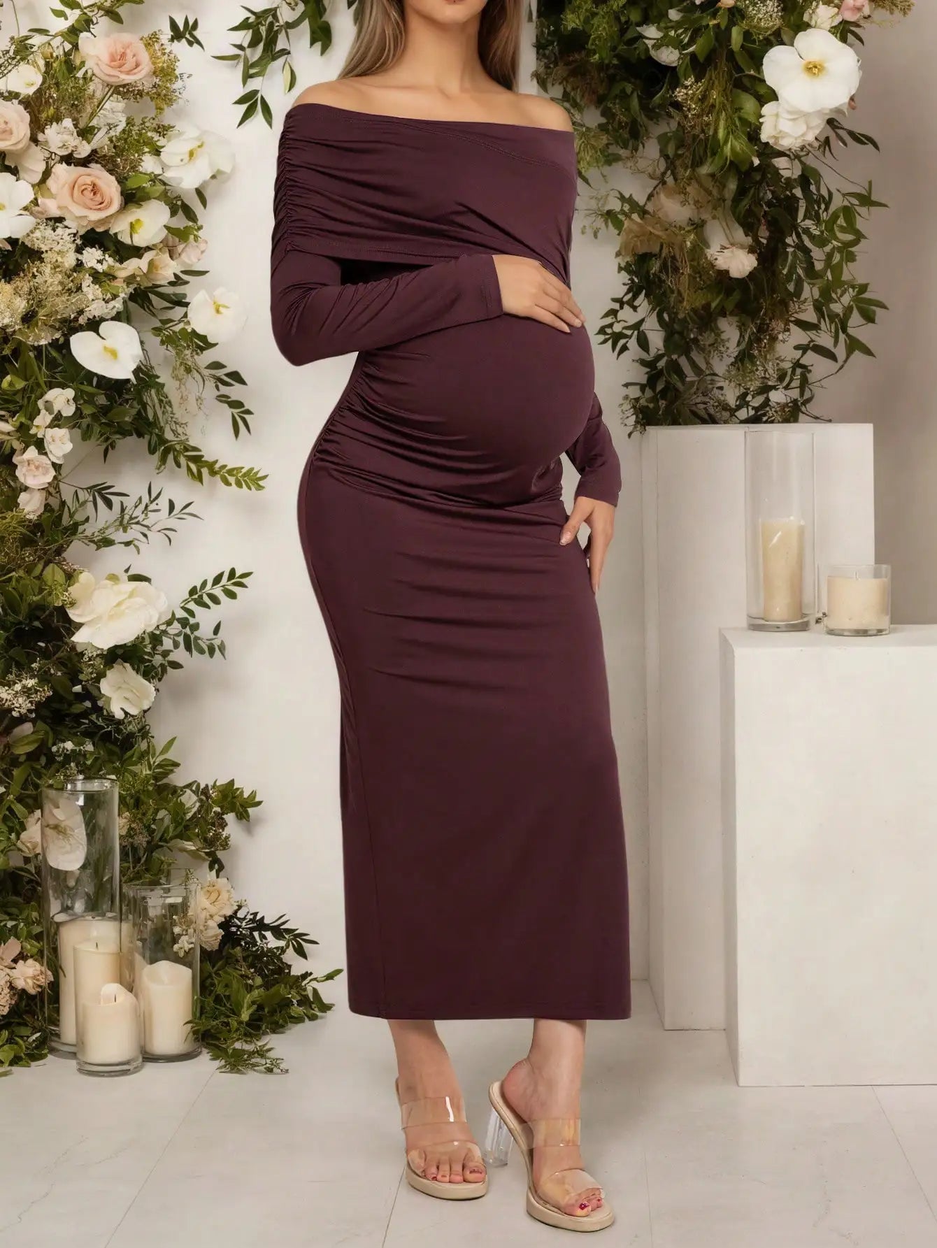 Pregnant Women Maternity Dresses Off Shoulder Long Sleeve Ruched Maxi Dress with Side Slit for Baby Shower, Photoshoot