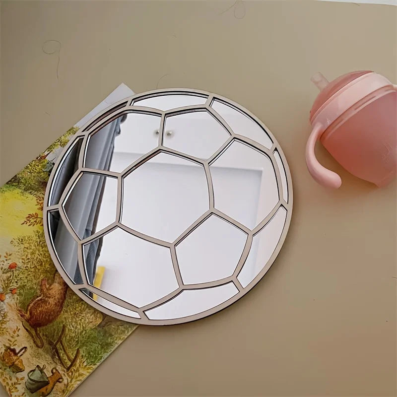 Cute Wooden Acrylic Football Shatterproof Mirror, Home Decor Background Mirror, Boys' Room Wall Decoration Mirror, Perfect Gift for Bedroom and Living Room Sports Enthusiasts - Baby World SA
