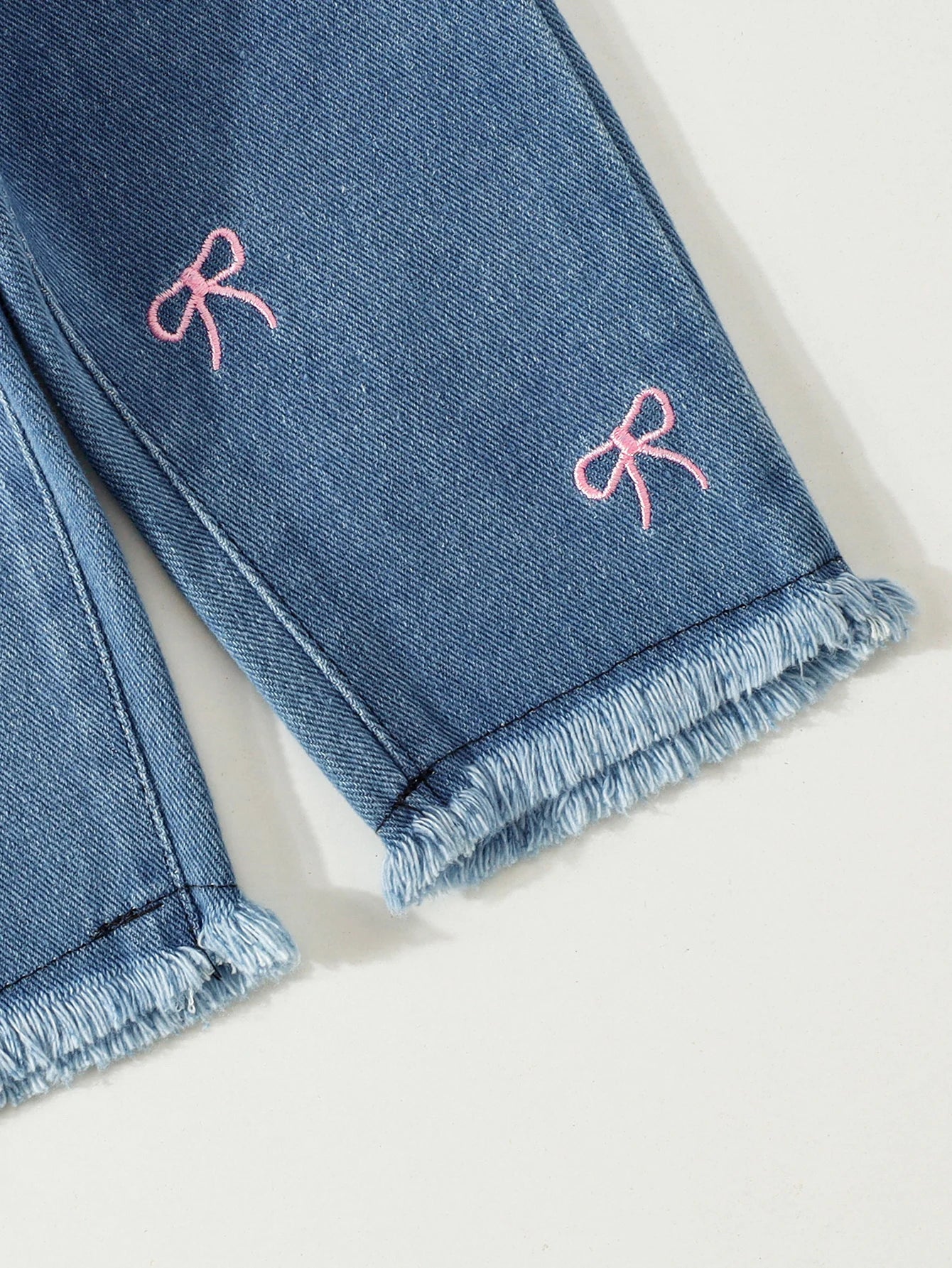 2pcs Summer Baby Girls Ribbed Tank Top Set, 9-12M, Pink Sleeveless Top Bow Embroidered Frayed Hem Jeans, Casual Daily/Party We
