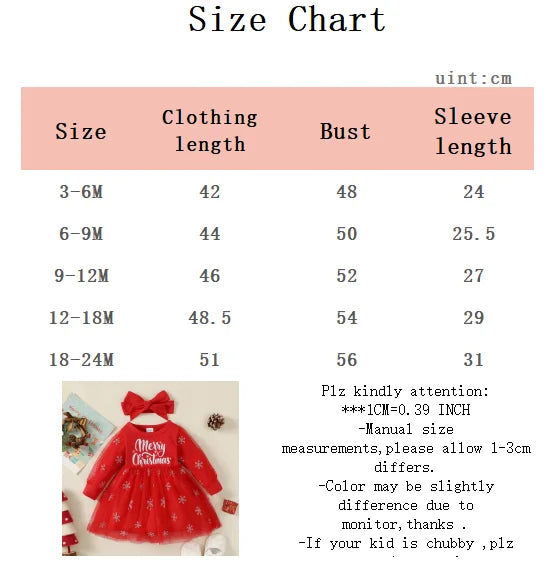 0-24 Months Baby girl Christmas Fashion Dress Letter Printing Tulle Snowflake Long sleeved+Headband 2pc/Set Baby New Year Dress