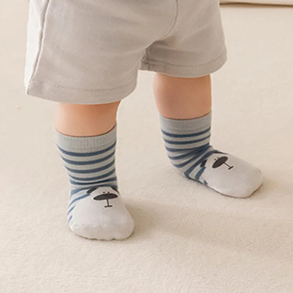 5 pairs  striped anti-slip baby floor socks, children's cartoon animal mid-calf socks, suitable for all seasons to wear