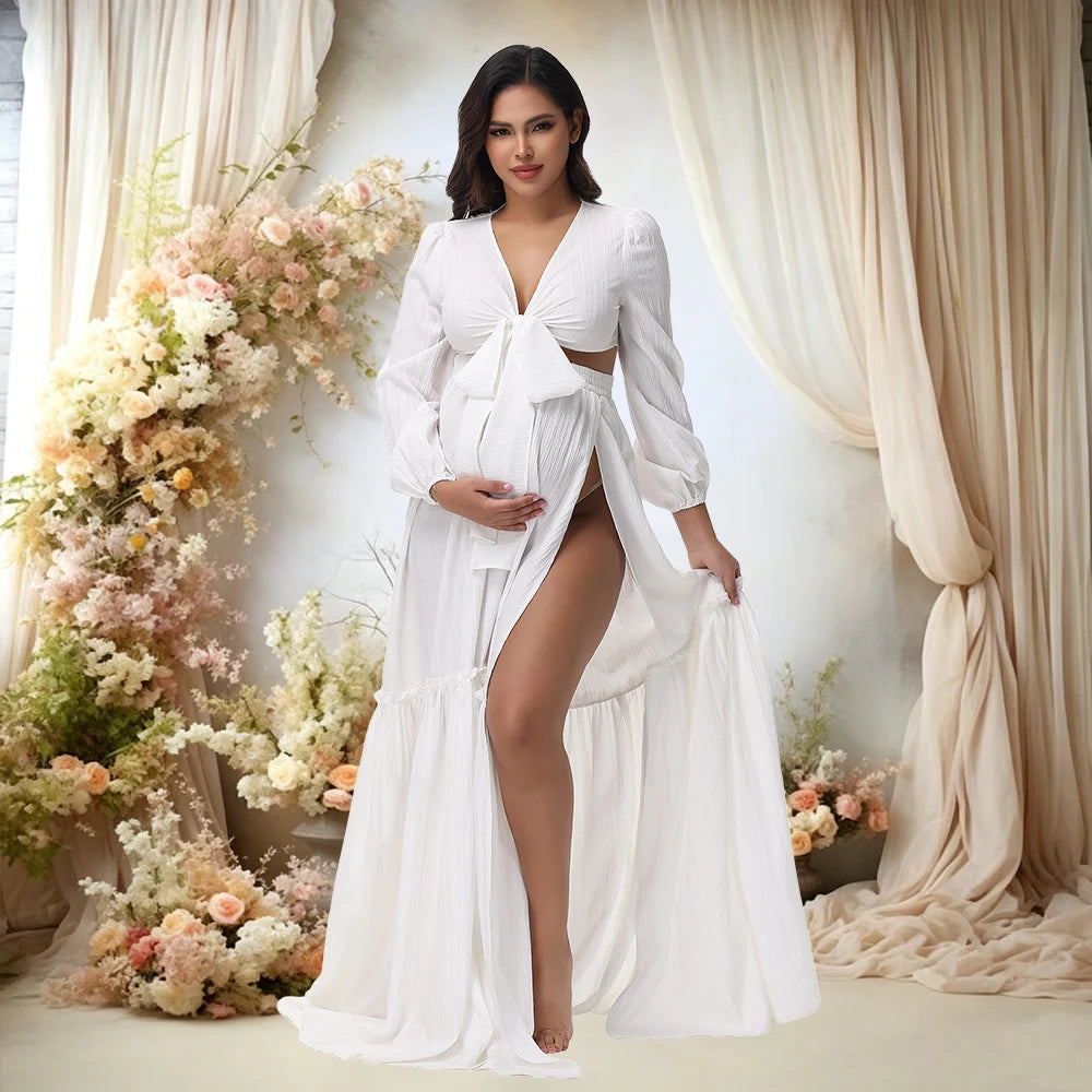 Maternity Photoshoot Outfit V-Neck Long-Sleeved Sexy Wrap Top Side-Slit Long Skirt Set Pregnant Woman For Baby Shower