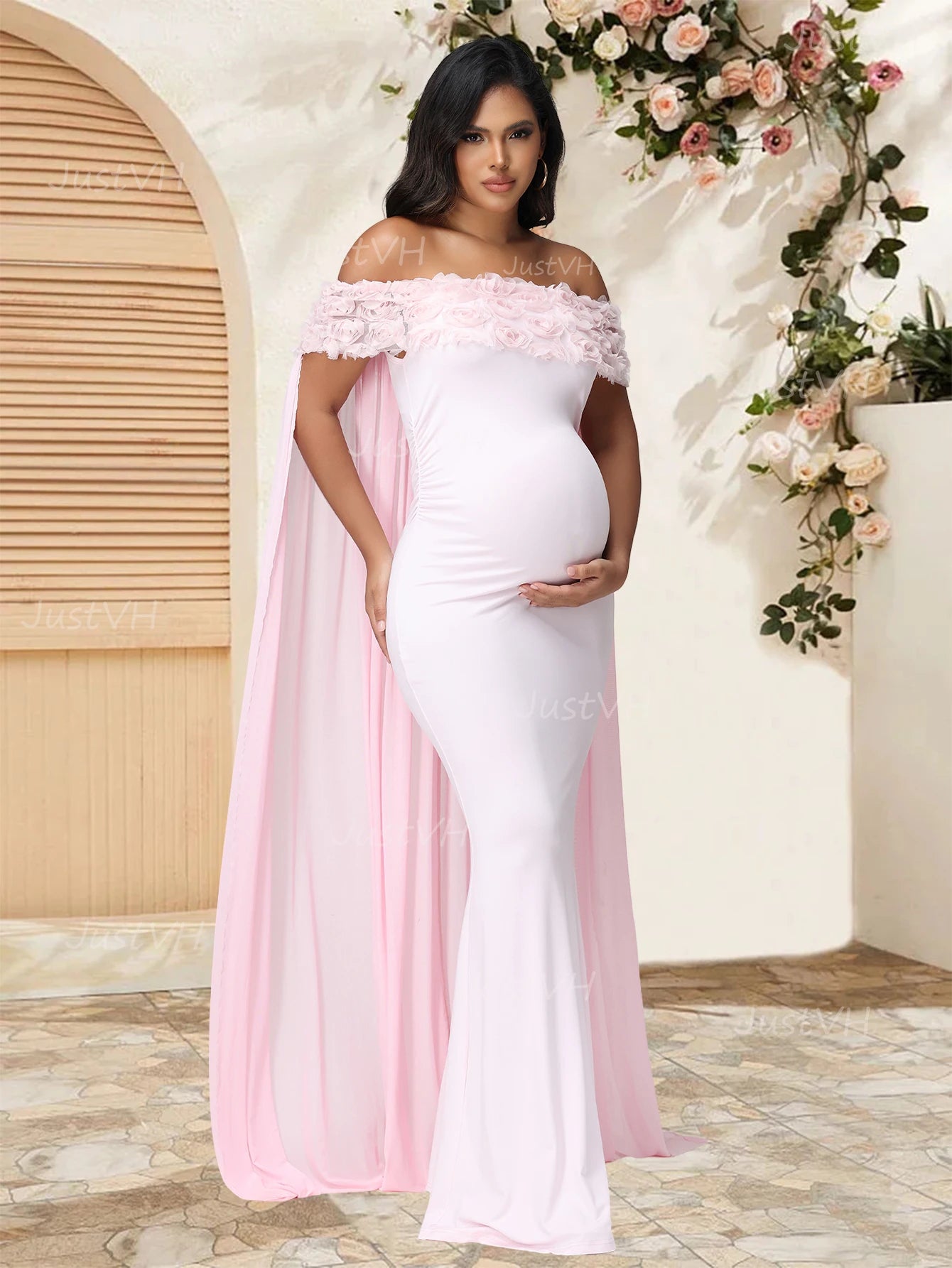 Maternity Floral off Shoulder Dress Mesh Cloak Maxi Party Gown for Baby Shower Photoshoot