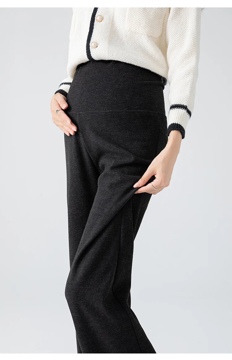 2026 Autumn Pregnant Woman Straight Pants Adjustable Waist Maternity Knitted Trousers