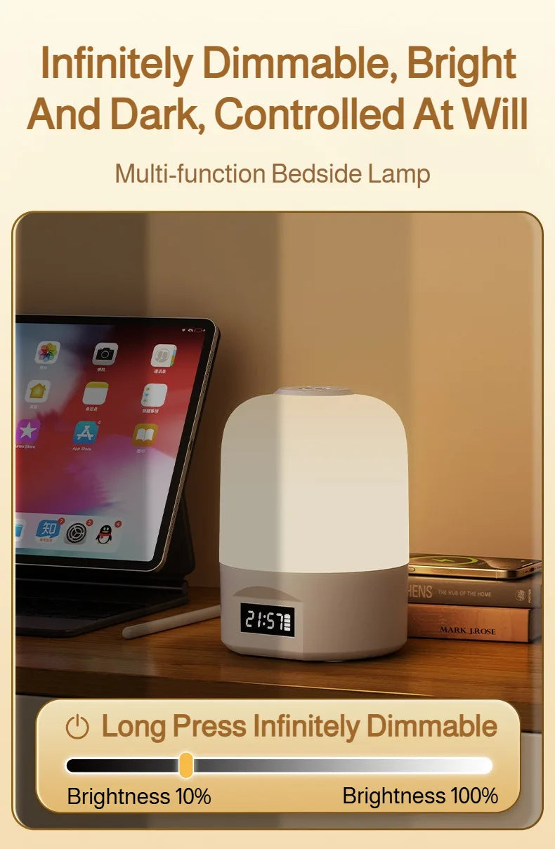 LED Bedside Lamp with Clock Display Touch Control Dimmable Night Light USB Rechargeable for Bedroom Baby Feeding