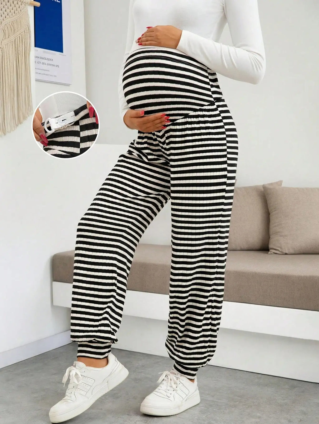 Maternity Women's Dress Leggings for Work and Under Dresses Striped Adjustable Waist Casual Jogger Leggings