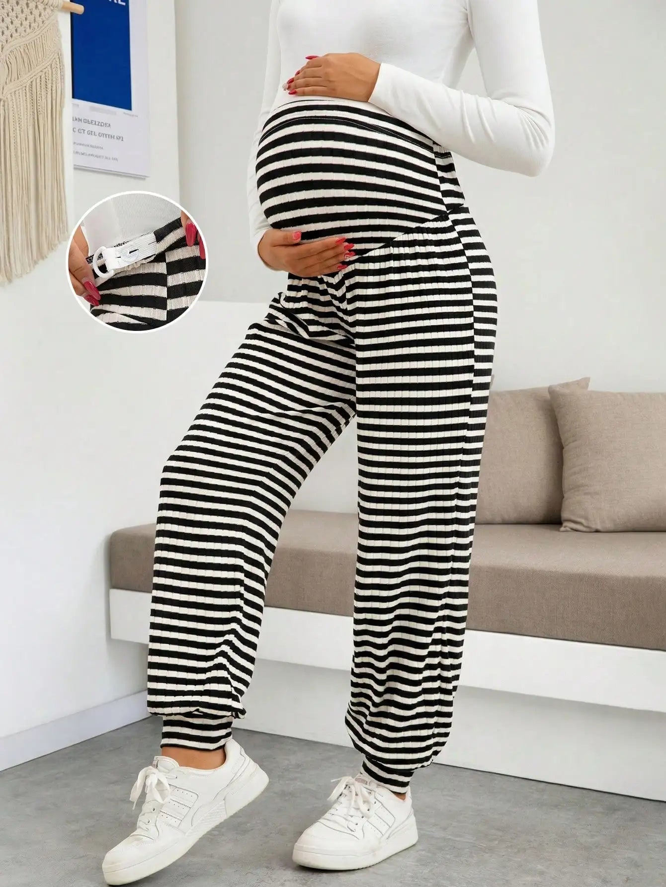 Maternity Women's Dress Leggings for Work and Under Dresses Striped Adjustable Waist Casual Jogger Leggings