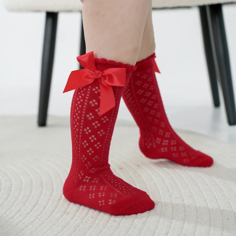 Baby Girls Knee High Socks Breathable Cutout Mesh Cute Bows Dress Socks Newborn Stockings for Clothing Accessories