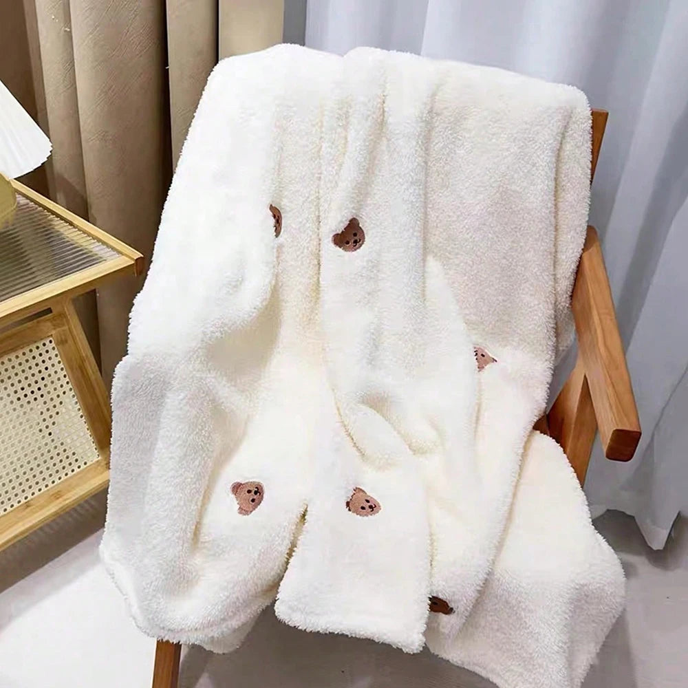 Embroidered Bear Baby Blanket Infant Coral Fleece Wrap Swaddle Blanket Warm Blanket For Newborn Outdoor Stroller Cover Blanket