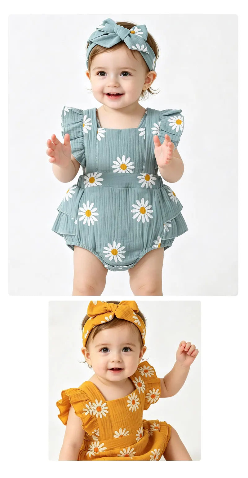 Baby Girl 2Pcs Summer Outfit Daisy Print Ruffle Flutter Sleeve Backless Romper with Headband Cute Infant Set for Daily Wear