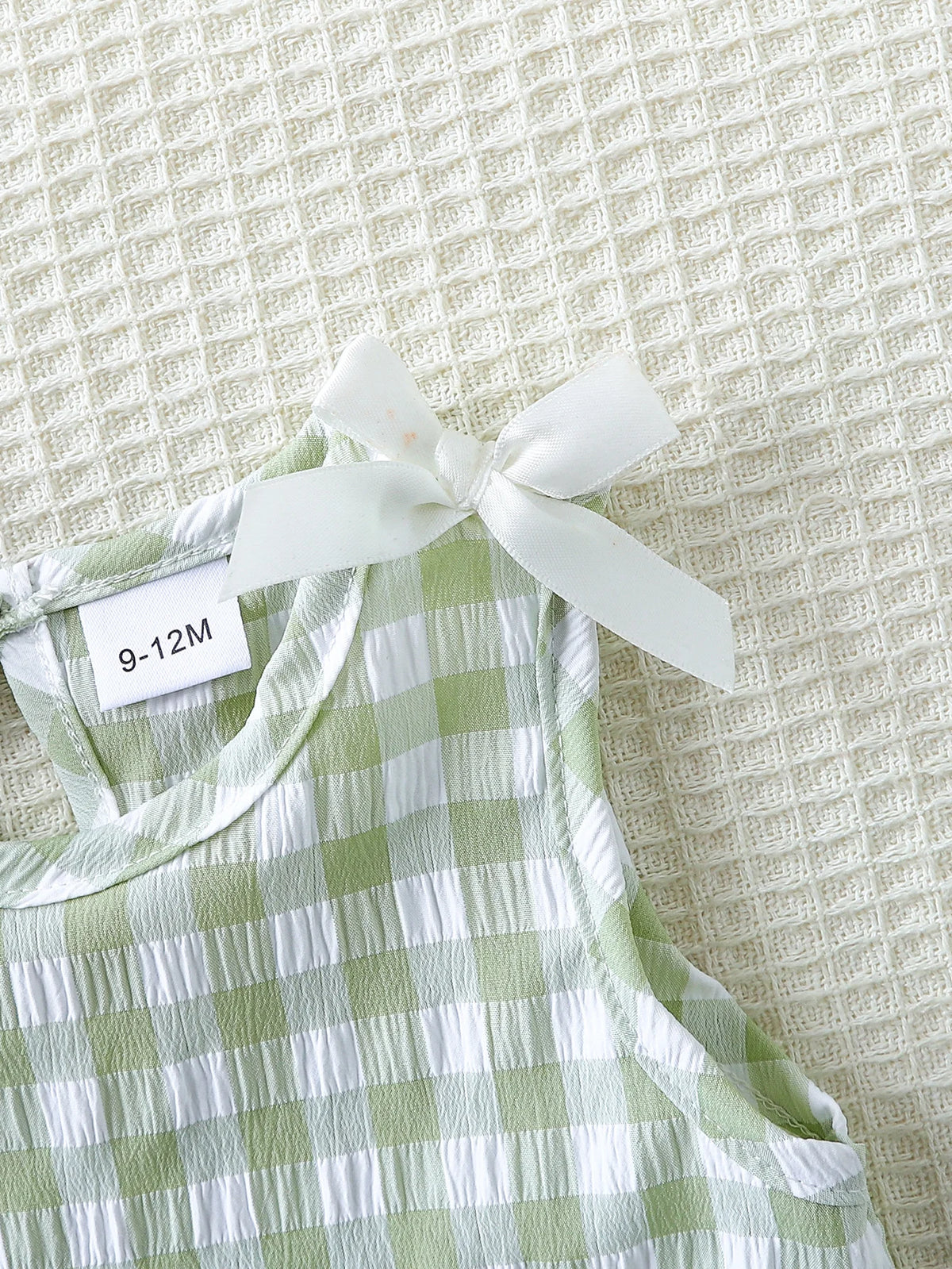 2pcs Summer Baby Girls Green Gingham Lace Trim Set, Cute Bow Top + Pants, Sweet Style, Daily/Outdoor Wear, 0-2Y, Breathable Fabr