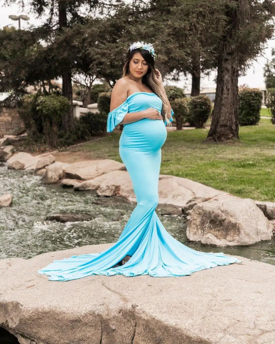 Maternity Summer Ruffle Sleeve V-Neck Mermaid Dress Pregnancy Gown Wedding Bridesmaid Dresses Robe for Photoshoot Baby Shower