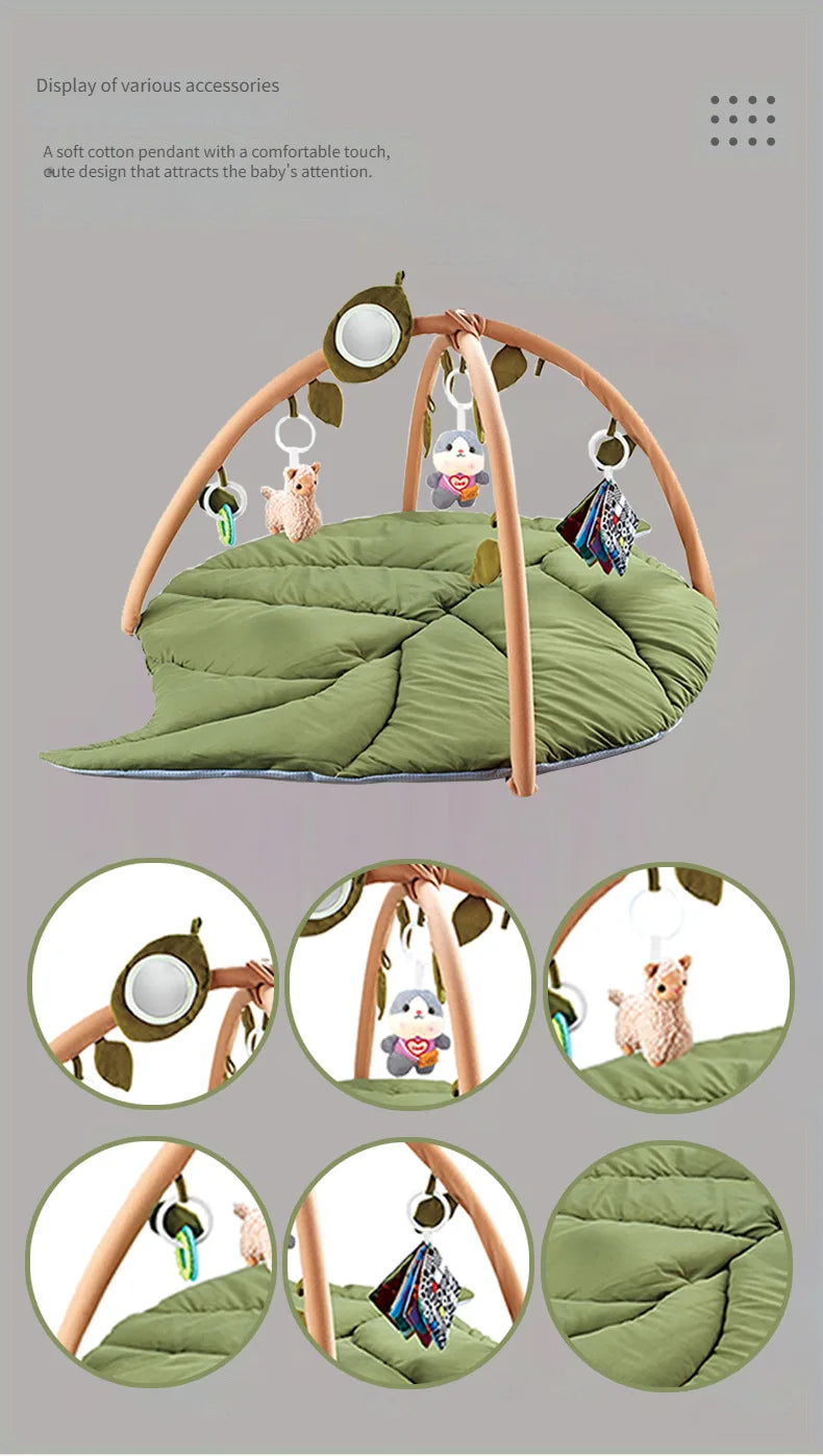Baby Activity Gym Play Mat Leaf Shaped Crawling Rug with Mirror Sensory Hanging Toys Cloth Book Tummy Time Pillow 0-18M