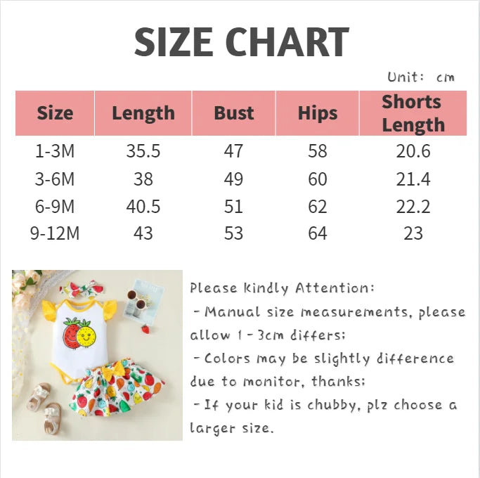 3Pcs Baby Girl Round Neck Fruit Bodysuit+Bow Fruit Print Skirt +Hair band Summer Set Suitable for 0-12 Months Baby Girl Cute Set