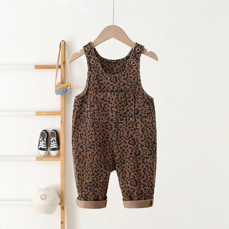 2026 Autumn 1-4T Kids Clothes Corduroy Girls Overall Leopard Print Boys Jumpsuits Children Playsuit