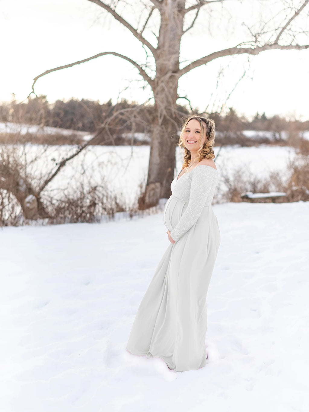Maternity Lace Photography Gown V-Neck Long Sleeve Maxi Elegant Pregnancy Dress For Baby Shower Photography